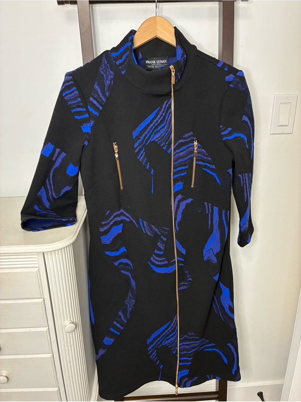 Frank Lyman Design Black & Royal Blue Patterned Zip-Front Women's Dress Size 12